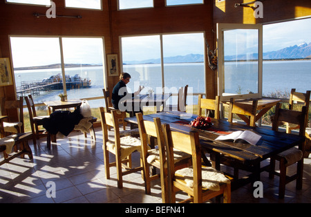 Hotelrestaurant Bahia Tunel. Lago Viedma. El Chalten.Los Anden. Nationalpark Los Glaciares. Provinz Santa Cruz. Argentinien Stockfoto