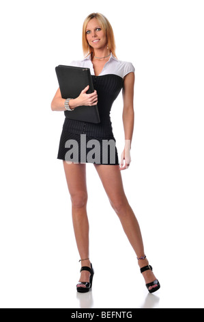 Junge Geschäftsfrau stehen und hält ein Portfolio isoliert auf weiss Stockfoto