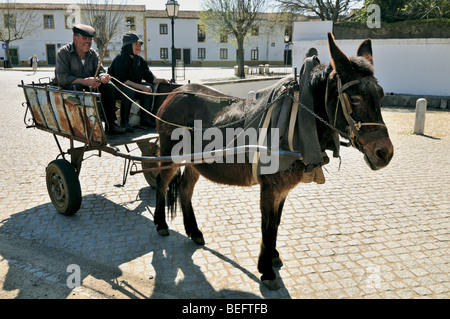 Portugal, Alentejo: Altes Ehepaar mit Eselskarren in Alvito Stockfoto