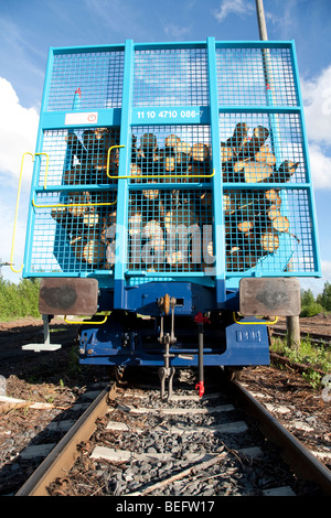 Letzte Kutsche eines Zuges, Transport Fichte (picea abies) Protokolle, Finnland Stockfoto