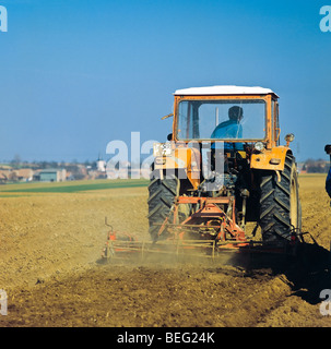 Traktor erholt Boden gepflanzt Kartoffelfeld, Elsass, Frankreich Stockfoto