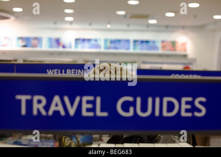 WH Smiths Reiseliteratur auf Verkauf im Abflugbereich Einkaufsmeile der Flughafen Heathrow Terminal 5. Stockfoto