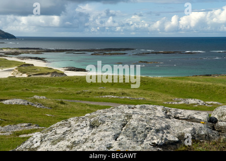Blick Richtung Strände des Atlantiks vom Barra Golf Club (Comunn Goilf Bharraidh). Isle of Barra, äußeren Hebriden, Schottland. Stockfoto
