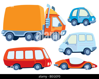Sammlung von verschiedenen lustigen gezeichneten Autos Stockfoto