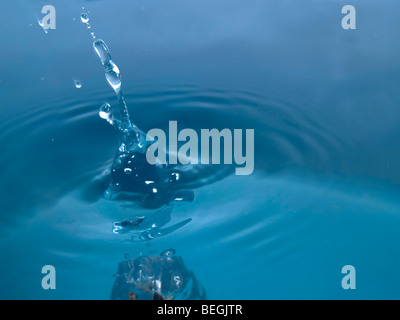 Spritzer auf blauem Wasser Oberfläche Makro horizontale Stockfoto