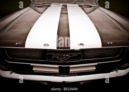 Eine Nahaufnahme Detail-Aufnahme der Motorhaube, Abzeichen und Grill auf einen klassischen Ford Mustang Stockfoto