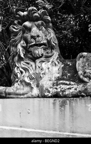 Statue eines Löwen, die auf Sir Clough Williams-Ellis zu seinem 90. Geburtstag von seinen Freunden und Kollegen im Jahr 1973 vorgestellt wurde. Stockfoto