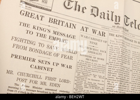 Britain At War-Schlagzeile vom September 1939 zu Beginn des 2. Weltkrieges als gedruckt in the Daily Telegraph vom 4.9.1939 Stockfoto