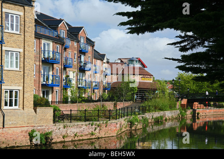 Apartments am Wasser und Supermarkt neben den Fluss Ton in Taunton, Somerset, England, UK Stockfoto