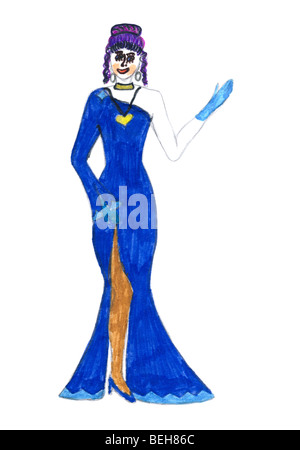 Zeichnung des Kindes auf eine Papierfarbe malt - die Frau in einem Kleid Stockfoto