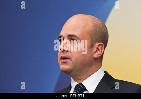 Schwedens Primeminister Herr Fredrik Reinfeldt konservative Partei bei Pressekonferenz in Stockholm Stockfoto