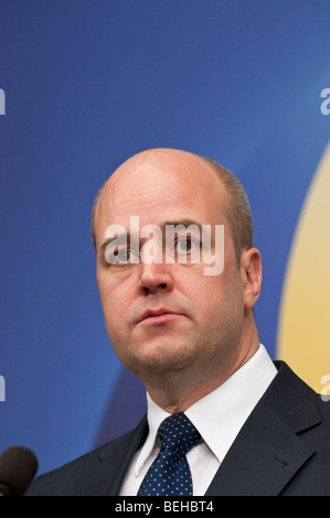 Schwedens Primeminister Herr Fredrik Reinfeldt konservative Partei bei Pressekonferenz in Stockholm Stockfoto