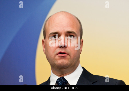 Schwedens Primeminister Herr Fredrik Reinfeldt konservative Partei bei Pressekonferenz in Stockholm Stockfoto