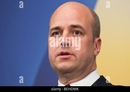 Schwedens Primeminister Herr Fredrik Reinfeldt konservative Partei bei Pressekonferenz in Stockholm Stockfoto