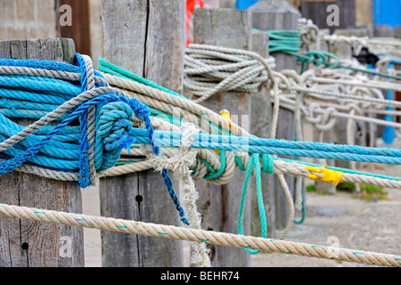Seile verknotet, um hölzerne Liegeplatz Pfosten am Port Racine, dem kleinsten Hafen in Frankreich in Saint-Germain-des-Vaux, Normandie Stockfoto
