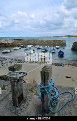 Seile verknotet, um hölzerne Liegeplatz Pfosten am Port Racine, dem kleinsten Hafen in Frankreich in Saint-Germain-des-Vaux, Normandie Stockfoto