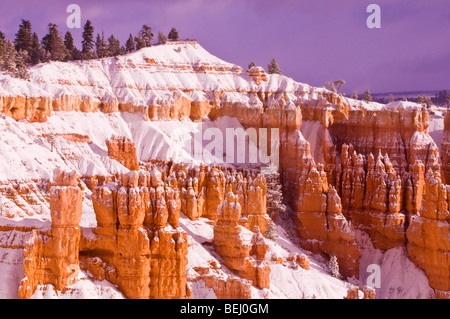 Neuschnee auf Felsformationen unter Sunrise Point, Bryce-Canyon-Nationalpark, Utah Stockfoto