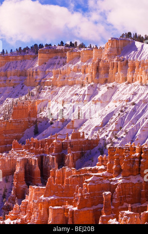 Neuschnee auf Felsformationen unter Inspiration Point, Bryce-Canyon-Nationalpark, Utah Stockfoto