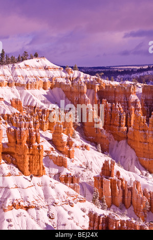 Neuschnee auf Felsformationen unter Sunrise Point, Bryce-Canyon-Nationalpark, Utah Stockfoto