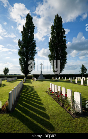 Ersten Weltkrieg britischer Soldatenfriedhof mit Pappeln, in der Nähe von Ypern. Stockfoto