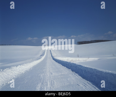Verschneite Straße in Hokkaido, Japan Stockfoto