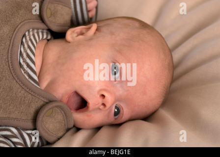 Vogelperspektive Blick auf einen kleinen Jungen auf einem Bett, 11 Wochen alt Stockfoto