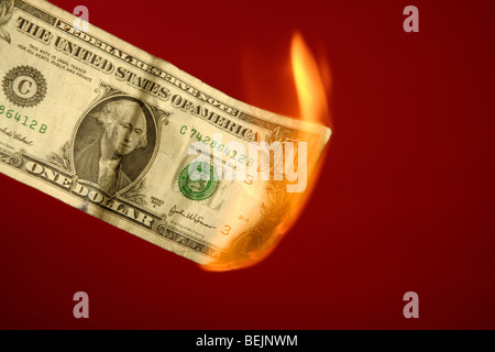 Dollar-Note, amerikanische Währung brennen im Feuer auf rotem Hintergrund, Studio gedreht Stockfoto
