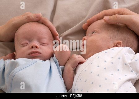 Eltern demonstrieren Containment hält für Frühgeborene, eineiigen Zwillingen, 11 Wochen alt, geboren 10 Wochen zu früh Stockfoto