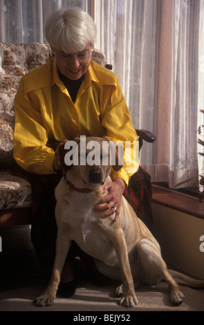 ältere Frau streicheln ein Labrador, der ihr gleicht Stockfoto
