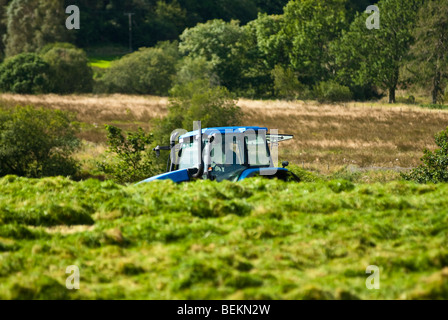 Ein blauer Traktor Ausschnittgras auf einer Wiese in Kentmere an einem sonnigen Sommertag Seenplatte Cumbria England UK Stockfoto