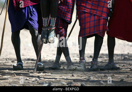 Masai Männer, die einen traditionellen Tanz, Amboseli Nationalpark, Kenia, Ostafrika. Stockfoto
