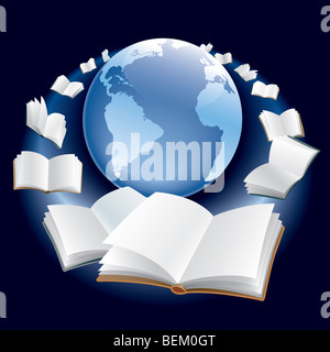 Offene Bücher fliegen rund um die Erdkugel im Raum. Stockfoto