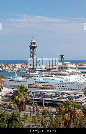 Barcelona Hafen Port Vell zu Mountjuic Seilbahn Torre Jaume I und World Trade Center Stockfoto