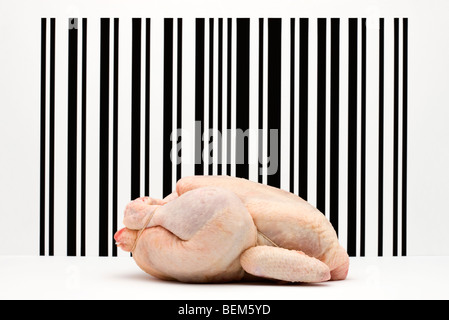 Food-Konzept, rohes ganzes Huhn vor Strichcode Stockfoto