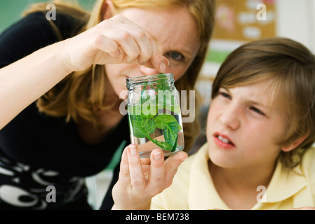 Volksschullehrer zeigen Schüler Pflanze Exemplar in Glas Stockfoto