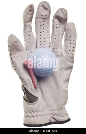Golfball und Handschuh auf einen rein weißen Hintergrund isoliert Stockfoto