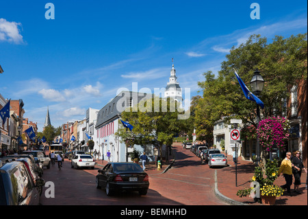 Main Street auf der Suche nach Maryland State House, Annapolis, Maryland, USA Stockfoto