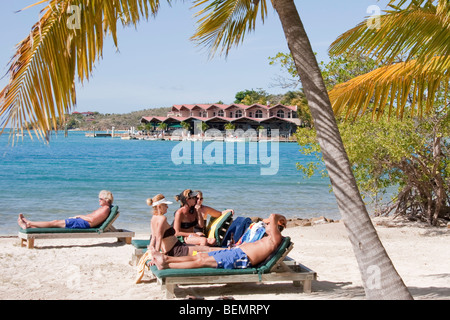 Urlauber entspannen Sie sich unter einer Palme am Strand im Bitter End Yacht Club. Saba Rock im Hintergrund Stockfoto