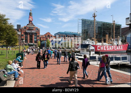 Der innere Hafen mit Blick auf das alte Kraftwerk und das Feuerschiff Chesapeake, Baltimore, Maryland, USA Stockfoto