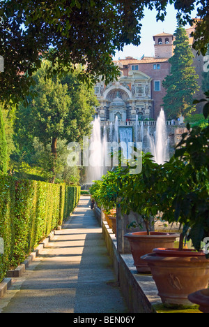 Villa d ' Este, Tivoli, Italien. Brunnen von Neptun und die Wasserfontäne Orgel erblickte entlang einer Allee in den Gärten Stockfoto
