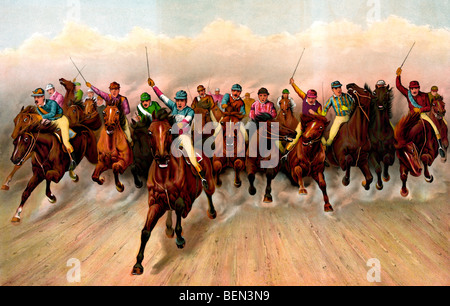 Ein großes Feld in einem großen Ansturm - neunzehn Jockeys Pferderennen, ca. 1888 Stockfoto