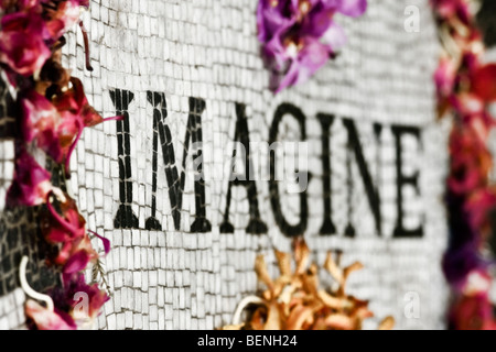 "Bunte" Blume Blütenblätter auf das 'Strawberry Fields' Denkmal für "John Lennon" im "Central Park" in "New York City", "New York." Stockfoto