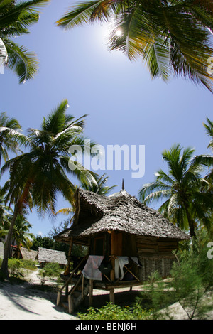 Bungalow an einem Palm-Baum-Strand an der Ostküste der Insel Sansibar in Tansania Stockfoto