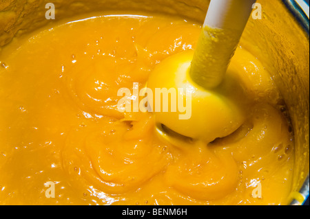 machen Sie heiß Kürbissuppe Topf Mixer pürieren Stamm pürieren belasten Küche Produkte Produktion Pumpkinsoup Stabmixer Stockfoto