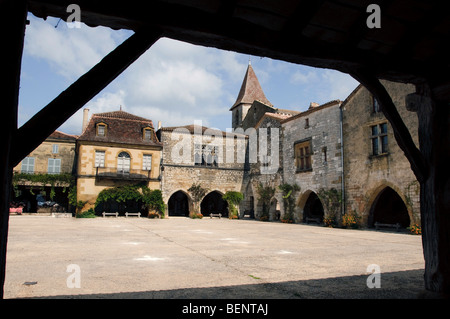 Monpazier, Zentrum der beliebten mittelalterlichen Dorf in der Dordogne Frankreich. Stockfoto