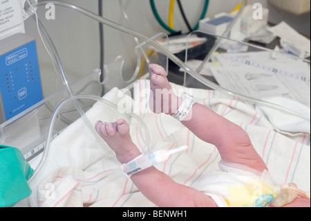 Neugeborenen hispanische jungen, Nahaufnahme der Füße und Identifikation Stichwörter sofort nach Lieferung per Ceserean (Kaiserschnitt). Stockfoto