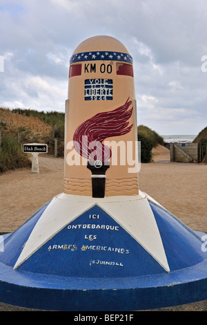 Die WW2-Meilenstein 00-Markierung in der Nähe von Utah Beach Landung Museum, Sainte-Marie-du-Mont, Normandie, Frankreich Stockfoto