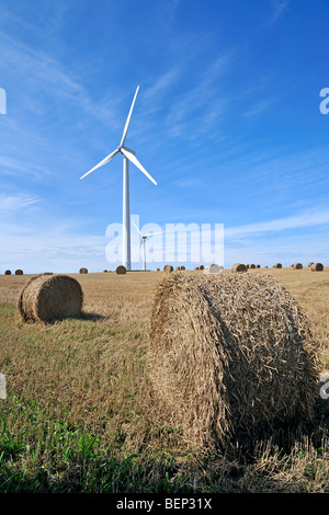 Windkraftanlagen im gemähten Bereich mit Heuballen Stockfoto