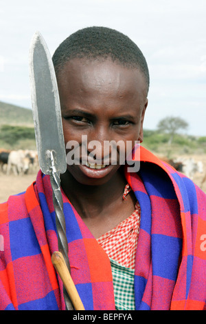 Porträt von Maasai / Masai Mann posiert mit Speer in Kenia, Ostafrika Stockfoto