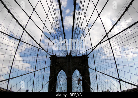 Die Brooklyn Bridge in New York City erschossen vor einem blauen Himmel mit einem Weitwinkel-Objektiv. Stockfoto